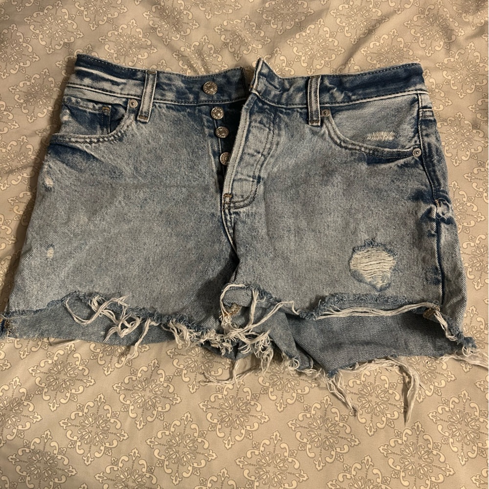 Express Blue Boyfriend Midi Jean Shorts